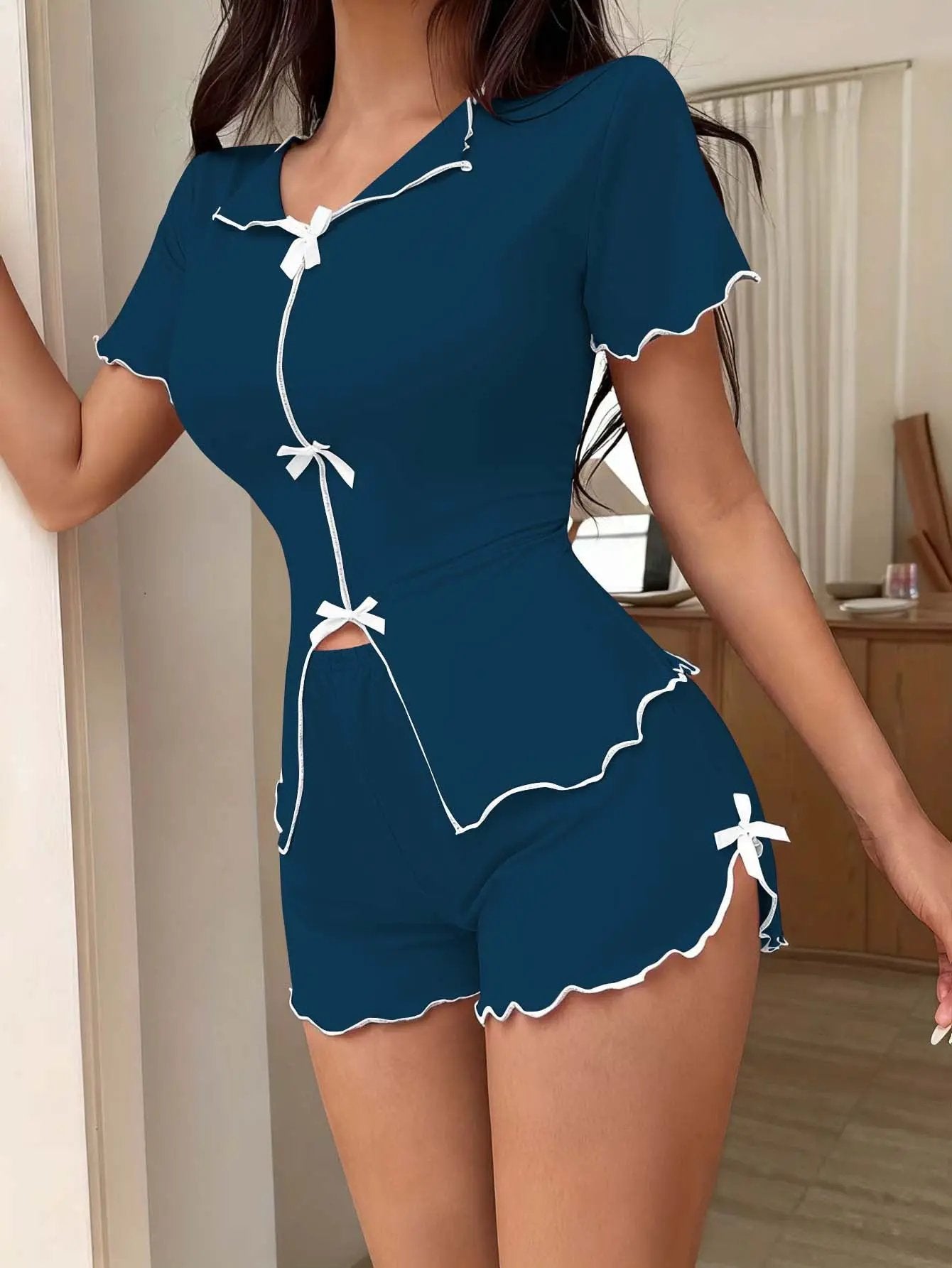 Bow-knot Sexy Stretchy Short-Sleeve Shorts Set by GJG Denim