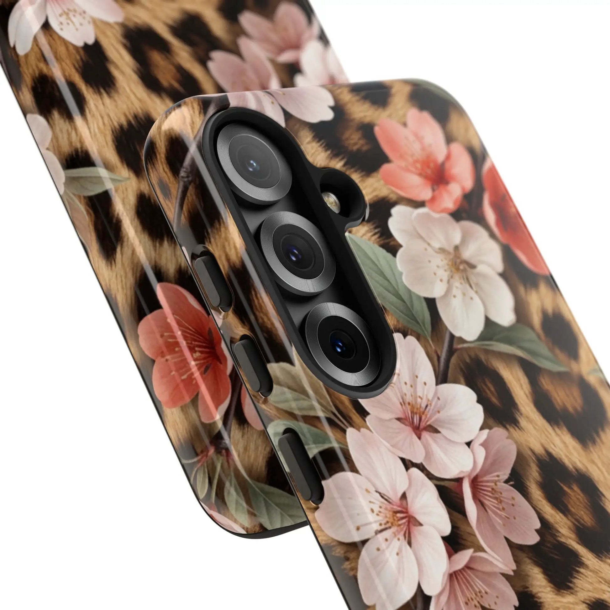 Leopard Floral Tough Case — Protective Phone Case with Pink Cherry Blossoms by Printify