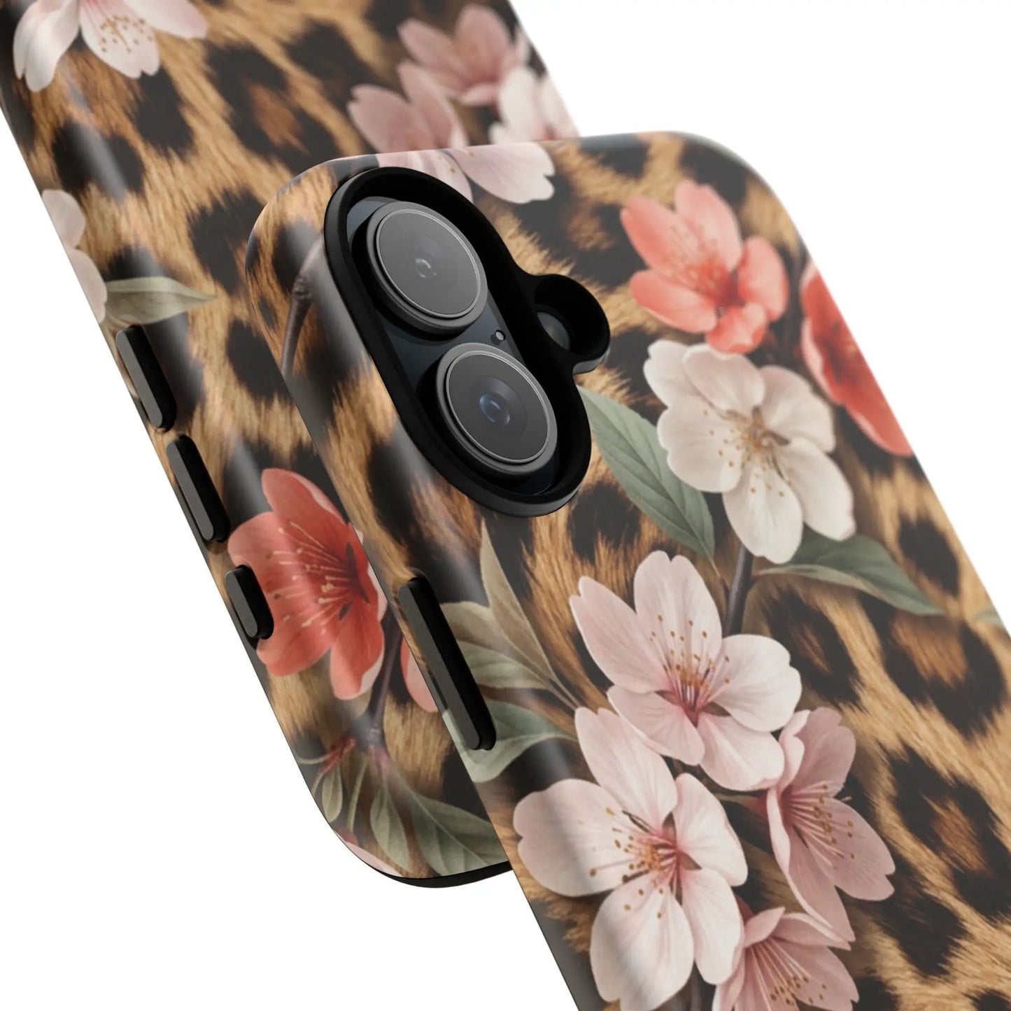 Leopard Floral Tough Case — Protective Phone Case with Pink Cherry Blossoms by Printify