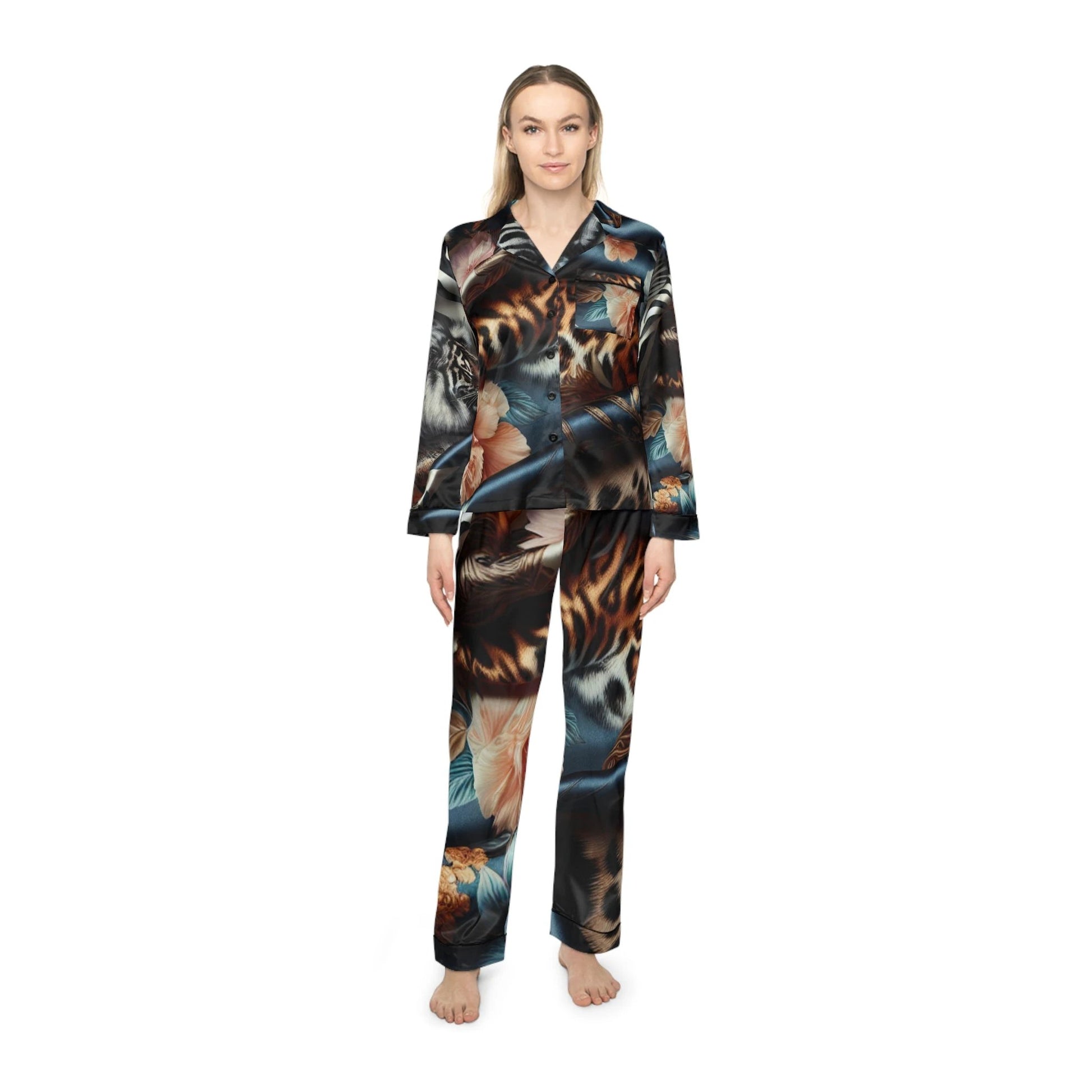 Luxurious Floral Satin Pajamas for Women, Cozy Nightwear, Loungewear Set, Perfect Gift for Birthdays, Anniversaries, Self-Care by Printify