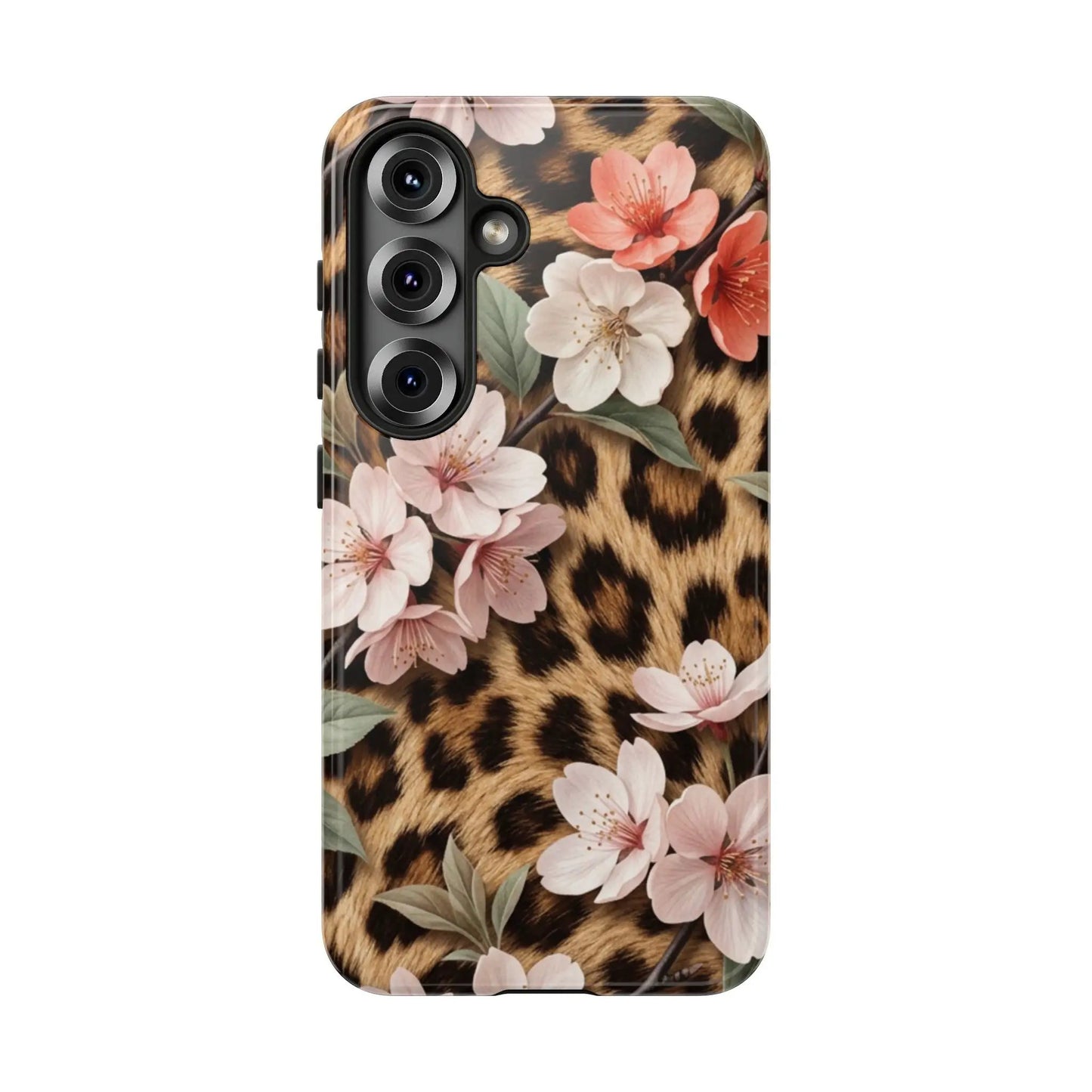 Leopard Floral Tough Case — Protective Phone Case with Pink Cherry Blossoms by Printify