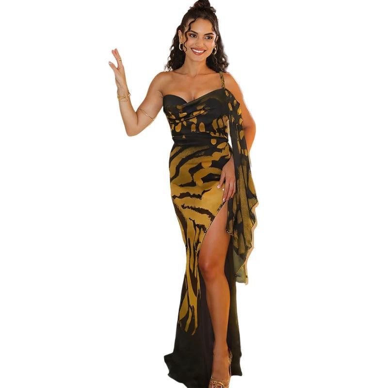 Elegant One Shoulder Printing Color Contrast Mesh Slim Fit Slimming Dress by GJG Denim