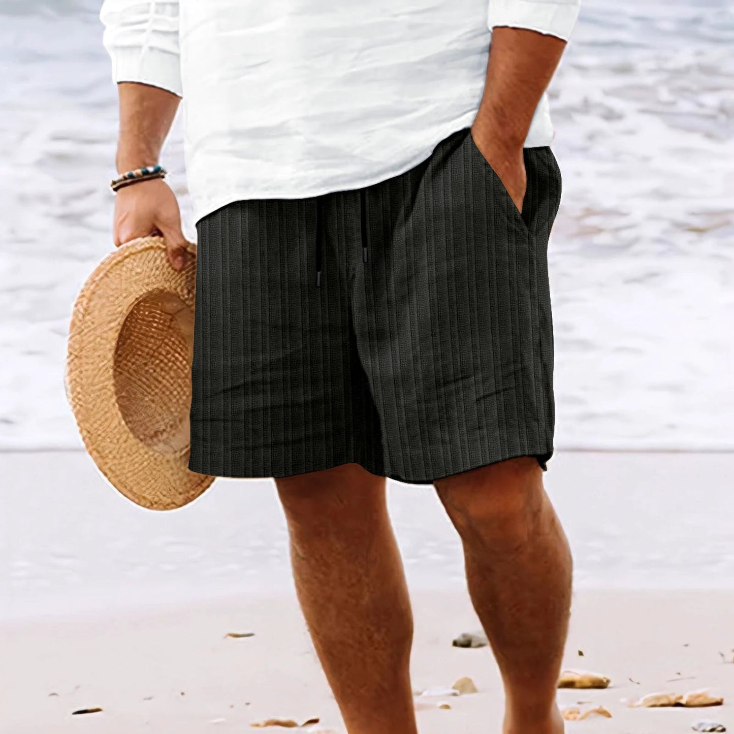 European And American Cotton And Linen Multi-bag Lace Men's Striped Beach Shorts by GJG Denim