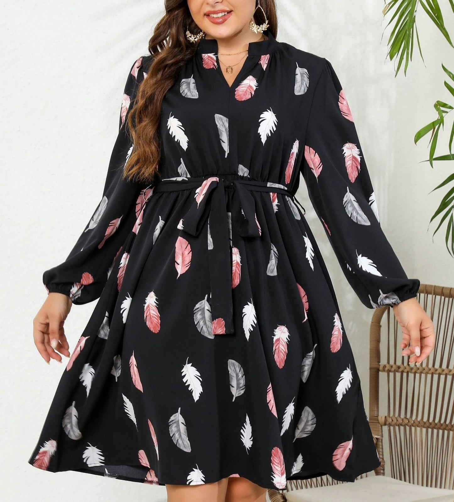 Printed Long Sleeve Waist-tight European And American Plus Size Dress by GJG Denim
