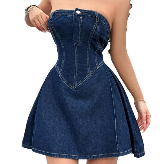 Women's Summer Off-shoulder Low Collar Sexy Fishbone Waist Tight Denim Dress Strapless Sexy Dress Trend Skinny Hipster Party Clubwear Y2K Bodycon by GJG Denim