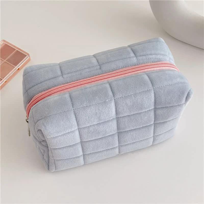 Plush Makeup Bag Checkered Cosmetic Bag Cosmetic Travel Bag Large Zipper Travel Toiletry Bag Portable Multi Functional Capacity Bag Cute Makeup Brushes Storage Bag For Women by GJG Denim