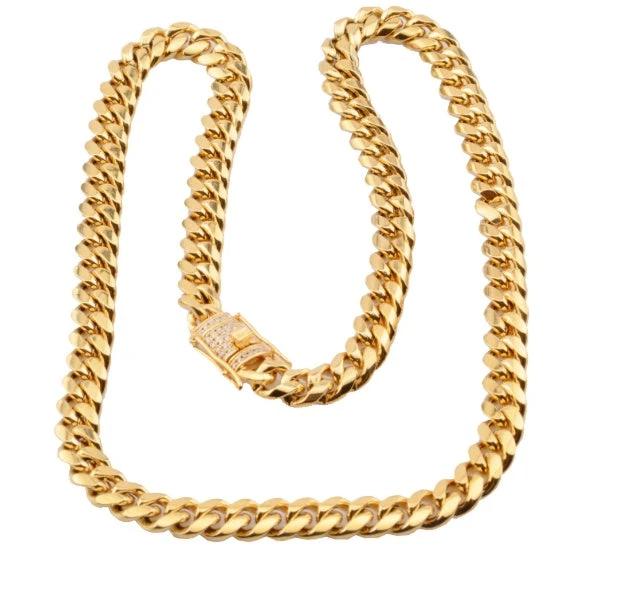 8-18mm Wide Stainless Steel Cuban Chain CZ Zircon Box Lock Necklace by GJG Denim