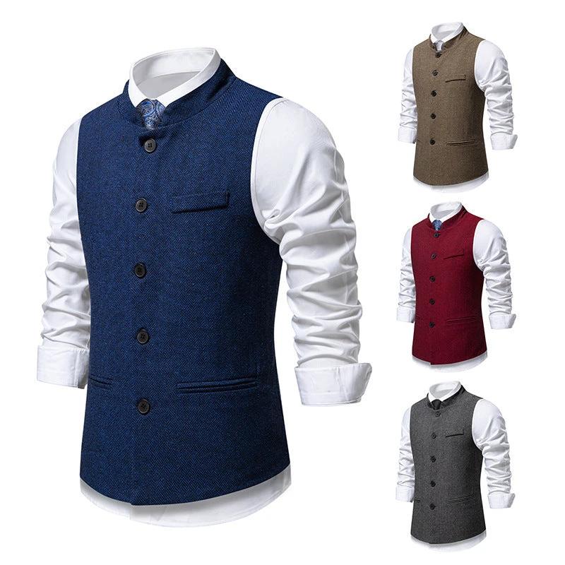 Men's Retro Stand Collar Herringbone Solid Color Suit Vest by GJG Denim