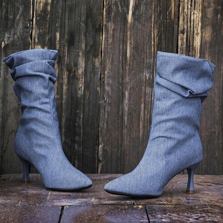 New French Style Retro Denim Pointed Toe Stiletto Heel Ankle Boots For Women, Pleated, Slim & Versatile Fashion Boots by GJG Denim