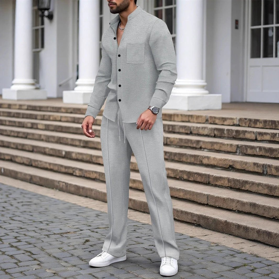 Waffle-textured Solid-color Stand-collar Shirt And Long-sleeve Pants Casual Set For Men by GJG Denim