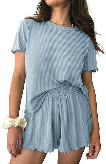 Relaxed Casual Cre Neck Short Sleeve Top And Shorts Set by GJG Denim