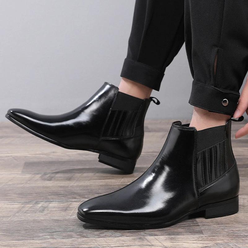 Men's Pointed Toe Chelsea-style Boots Square Heel Business Formal Leather Shoes by GJG Denim