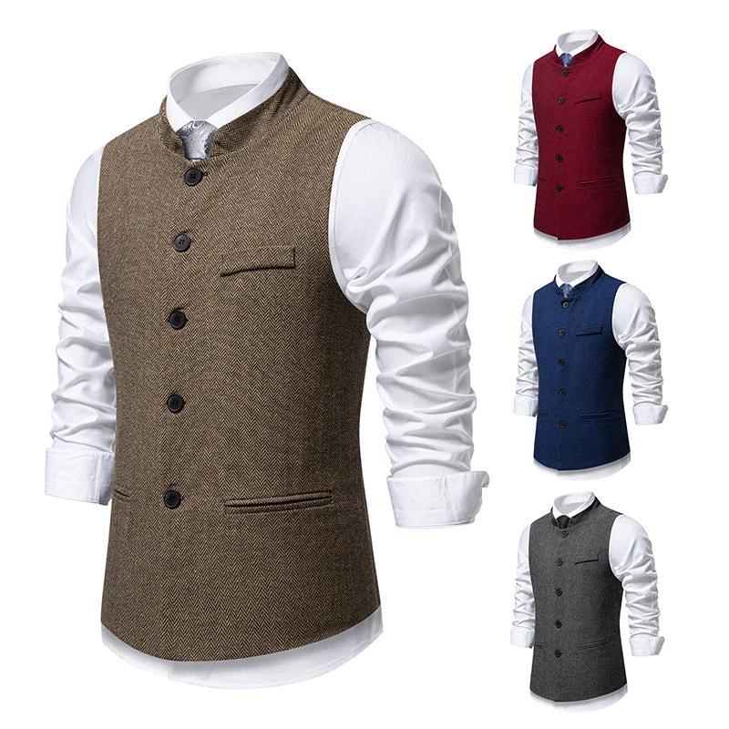 Men's Retro Stand Collar Herringbone Solid Color Suit Vest by GJG Denim