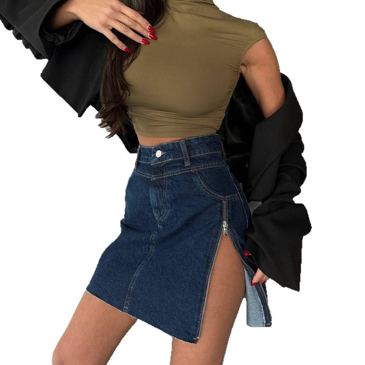 Design Zipper Split Denim Skirt Women by GJG Denim