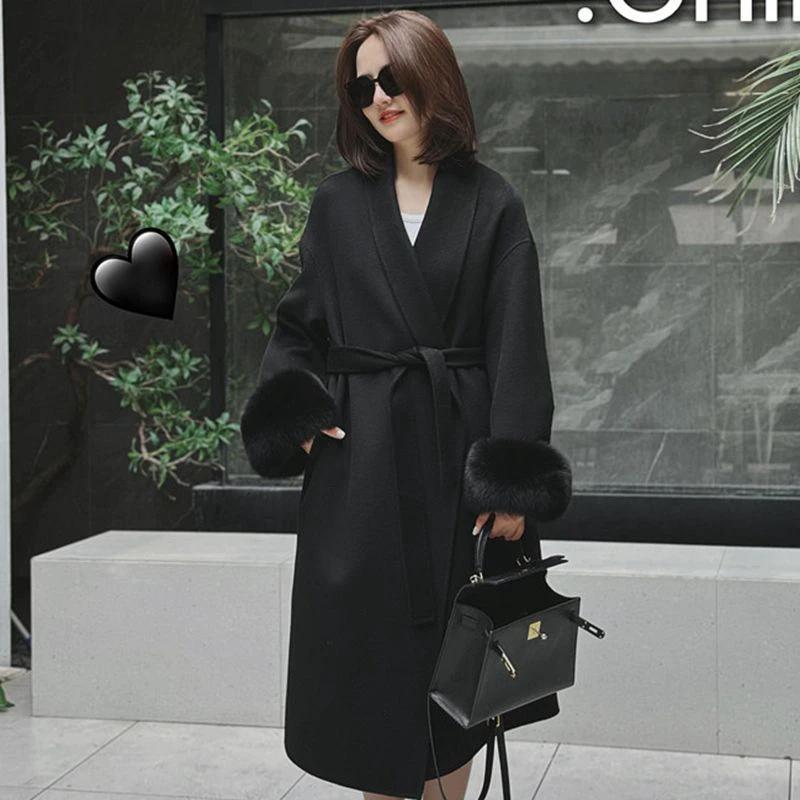 Wool Coat For Women Mid-length Black With Fox-fur Cuffs by GJG Denim