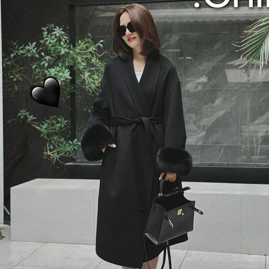Wool Coat For Women Mid-length Black With Fox-fur Cuffs by GJG Denim