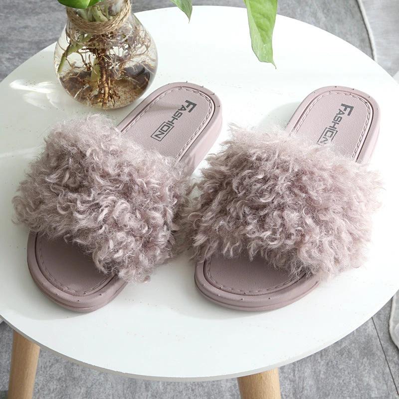 New Style Slippers female slippers fashion outside wear Maomao shoes ladies faux animal hair cool slippers by GJG Denim