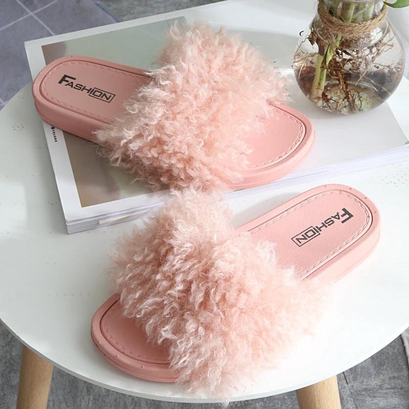 New Style Slippers female slippers fashion outside wear Maomao shoes ladies faux animal hair cool slippers by GJG Denim