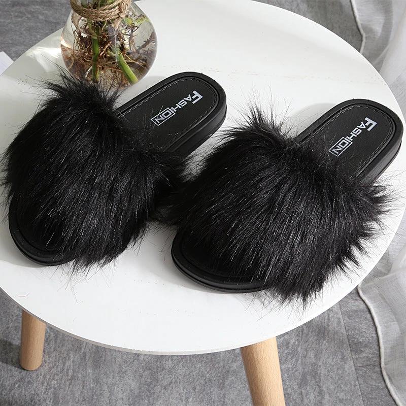 New Style Slippers female slippers fashion outside wear Maomao shoes ladies faux animal hair cool slippers by GJG Denim