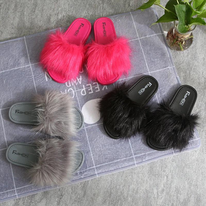 New Style Slippers female slippers fashion outside wear Maomao shoes ladies faux animal hair cool slippers by GJG Denim