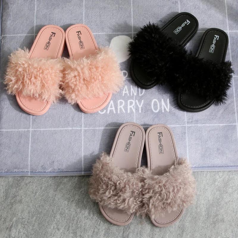New Style Slippers female slippers fashion outside wear Maomao shoes ladies faux animal hair cool slippers by GJG Denim
