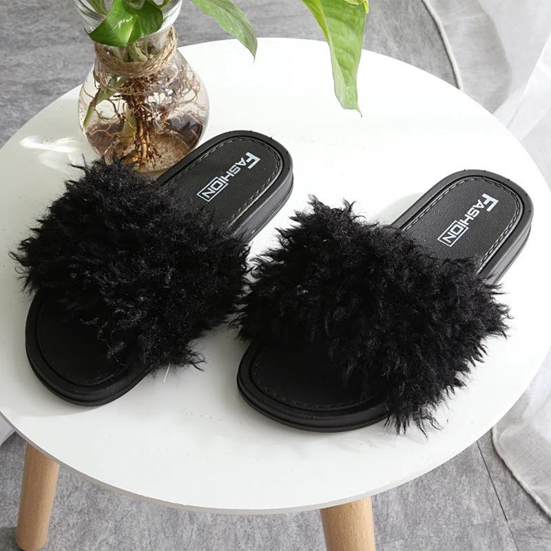 New Style Slippers female slippers fashion outside wear Maomao shoes ladies faux animal hair cool slippers by GJG Denim