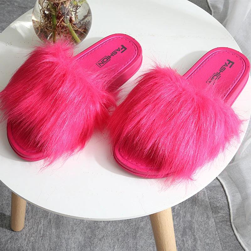 New Style Slippers female slippers fashion outside wear Maomao shoes ladies faux animal hair cool slippers by GJG Denim