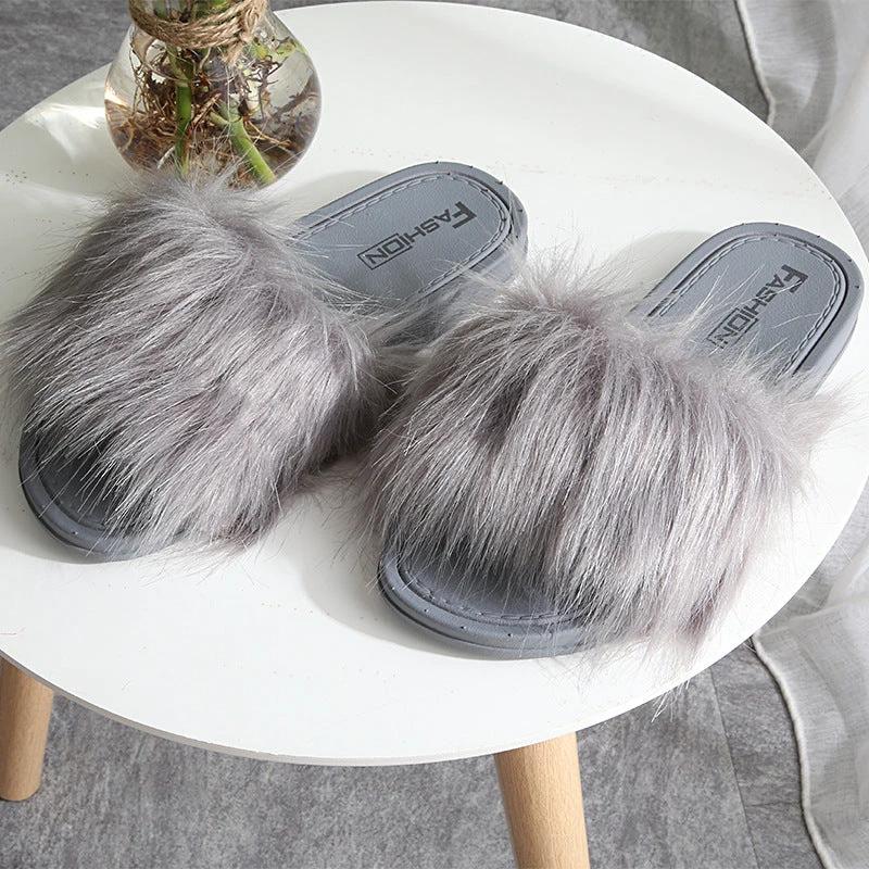 New Style Slippers female slippers fashion outside wear Maomao shoes ladies faux animal hair cool slippers by GJG Denim