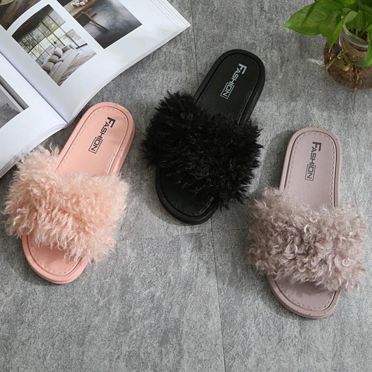 New Style Slippers female slippers fashion outside wear Maomao shoes ladies faux animal hair cool slippers by GJG Denim