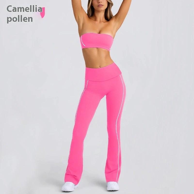 Yoga Clothes Autumn Strap Tube Top Nude Feel Bra Beauty Back Exercise Underwear Running Fitness Female Flared Pants Suit by GJG Denim