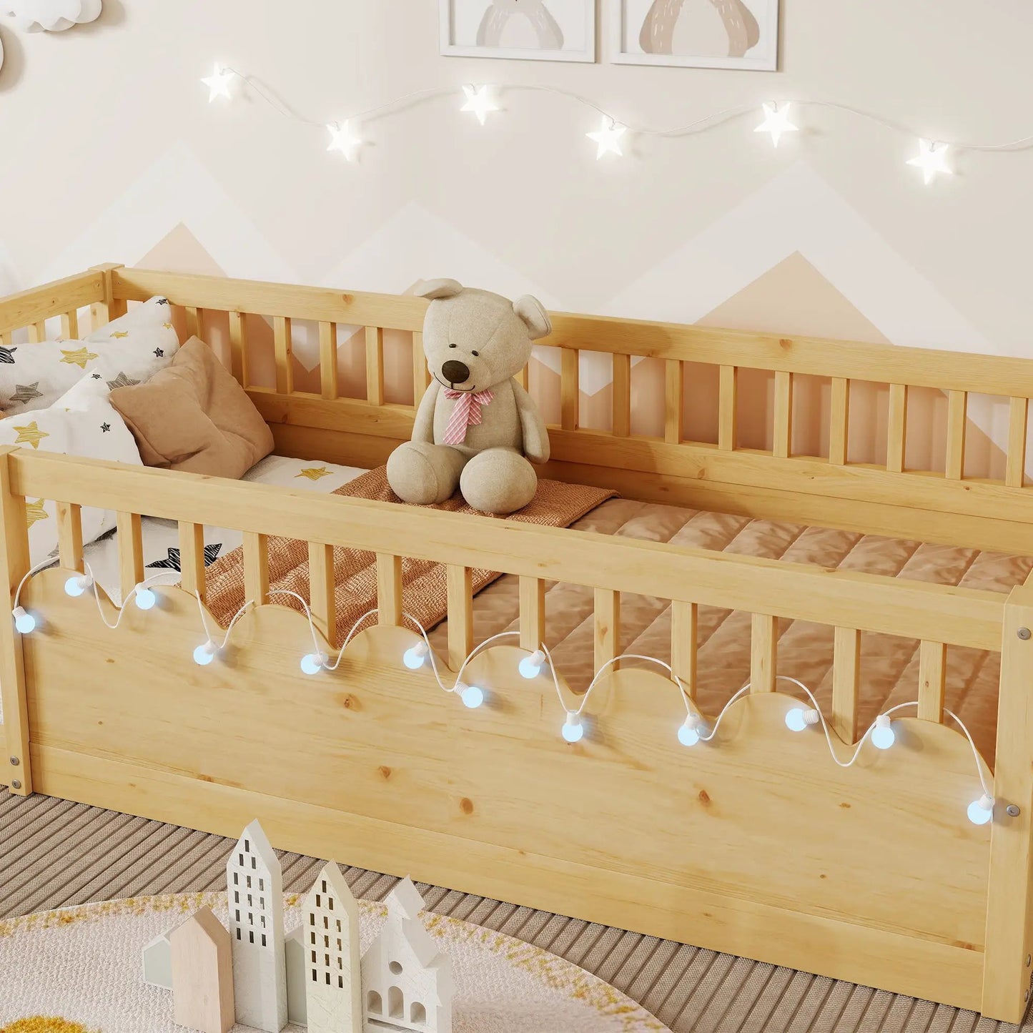 Twin Montessori Floor Bed Frame With High Rails, Wood Kids Floor Beds With Light And Storage Shelf, Natural by GJG Denim