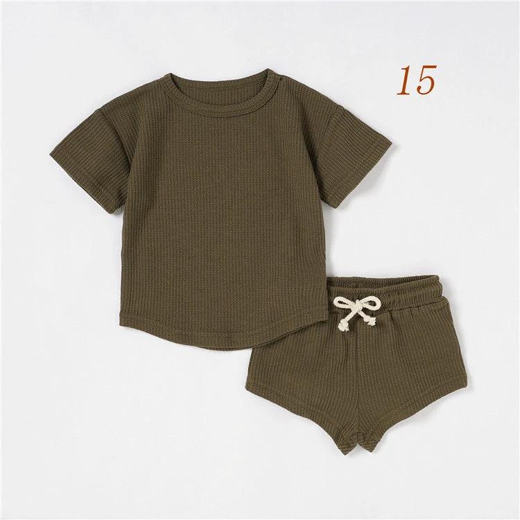 Children's Short-sleeved Suit Solid Color Baby Short Sleeve Two-piece Suit by GJG Denim