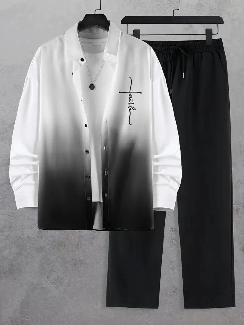 Fashion Trend Color Gradient Long Sleeve Shirt Trousers Suit by GJG Denim