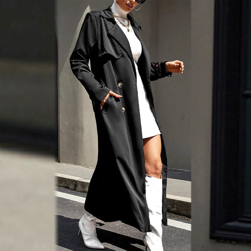 Mid-length High-grade Large Lapel Temperament Commute Lace-up Waist-controlled Black Coat by GJG Denim