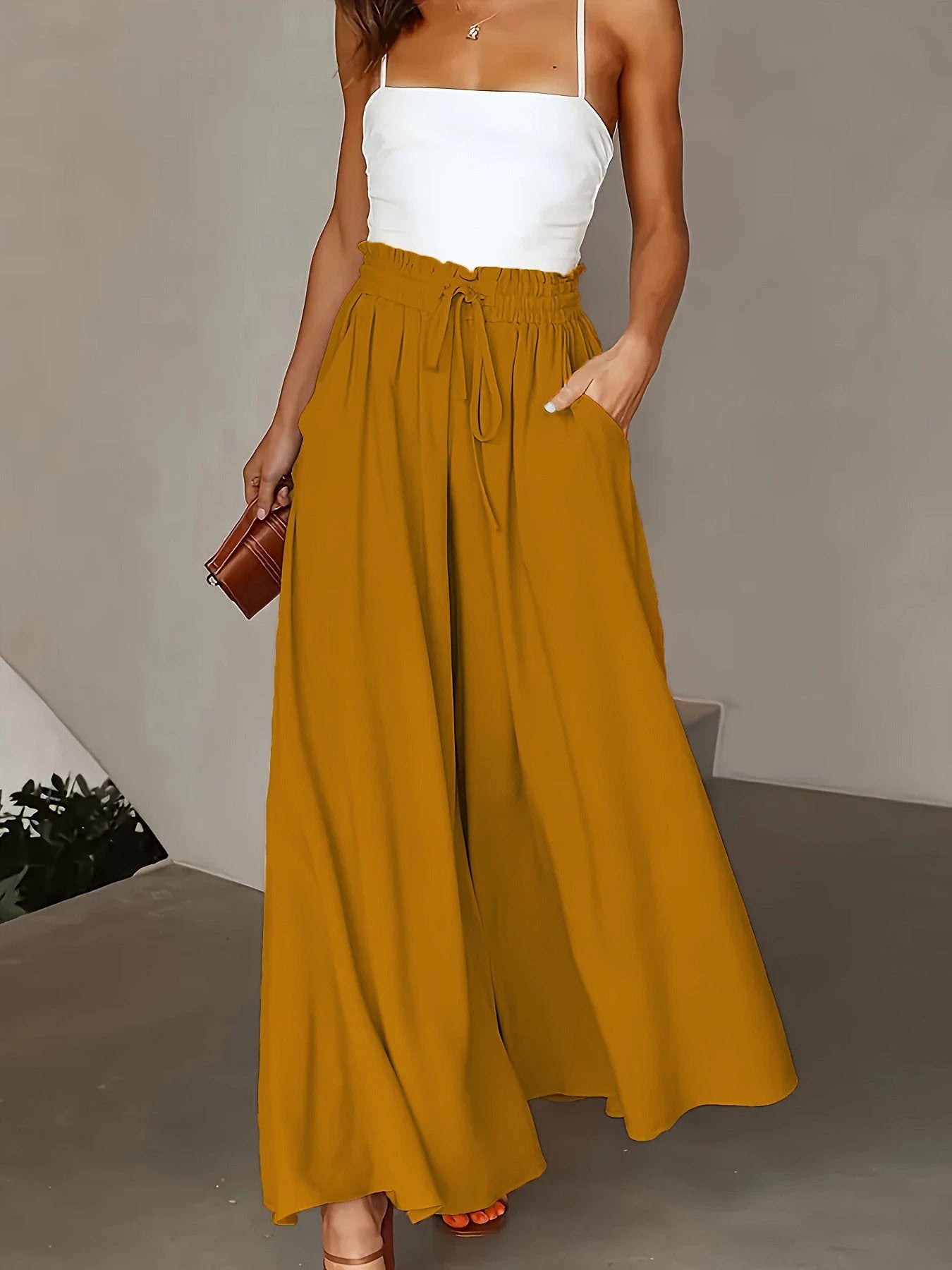 Plus Size Wide Leg Pants - Stylish Solid Paper Bag Waist Design, Elegant Pocket Tie Front, Loose Fit For Comfort, Perfect For Spring & Summer, Women's Fashionable Clothing For Curvy Figures by GJG Denim
