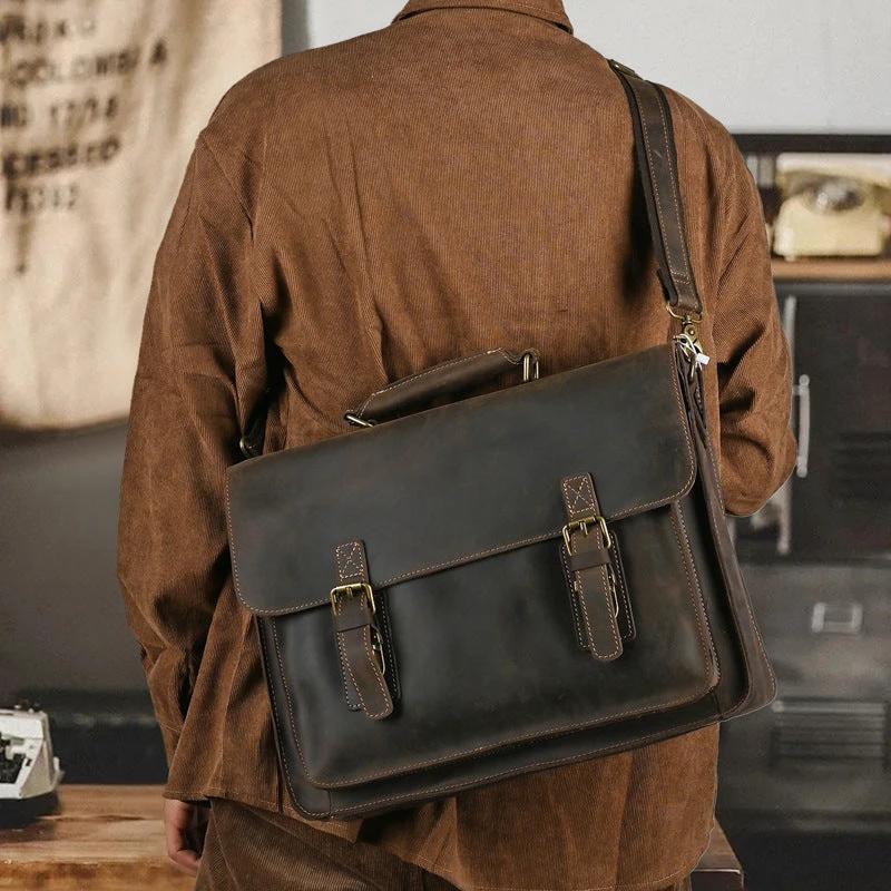 Men's Top Layer Leather One-shoulder Crossbody Laptop Bag by GJG Denim