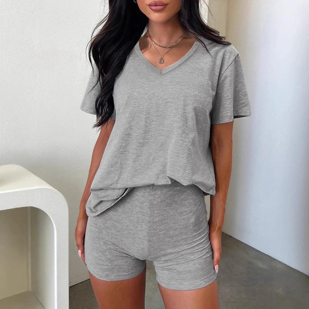 V-neck Fashion Solid Color Casual Fashion Shorts Suit Women by GJG Denim