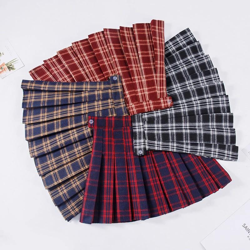 Plaid Pleated Skirt Women's Autumn And Winter High Waist Short by GJG Denim