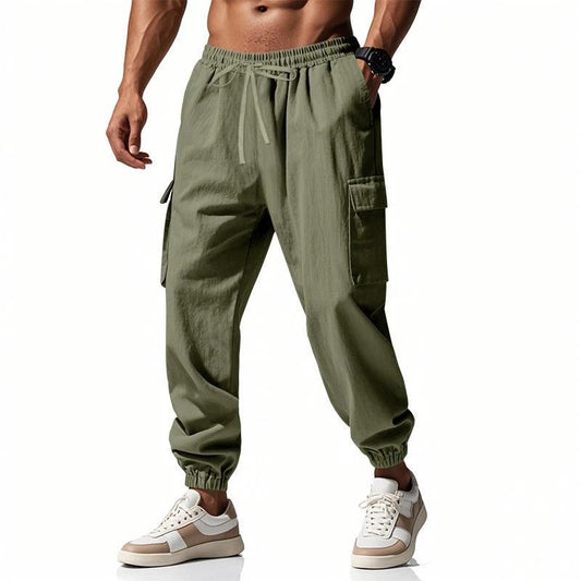 Men's Casual Ankle-tied Multi-pocket Tether Solid Color Loose Pants by GJG Denim