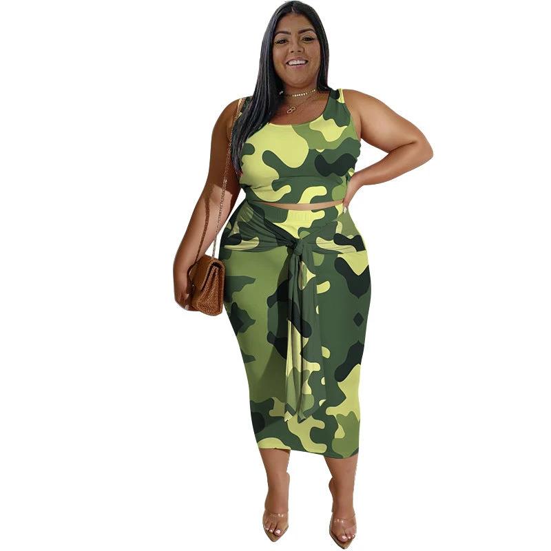 Women's Plus-Size Printed Top And Casual Skirt Set by GJG Denim
