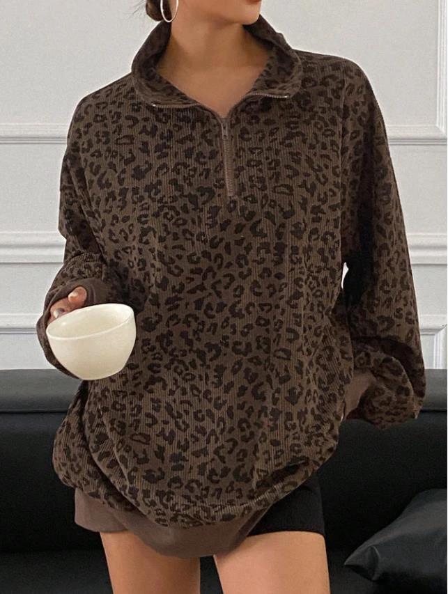 Casual Leopard Print Pattern Corduroy Zipper Sweater by GJG Denim