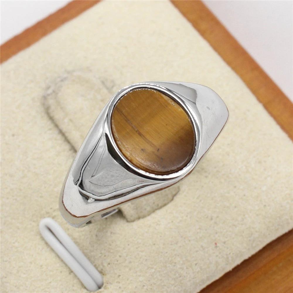 Fashionable Minimalist Oval Gemstone Ring In Cool-toned Titanium Steel For Men by GJG Denim