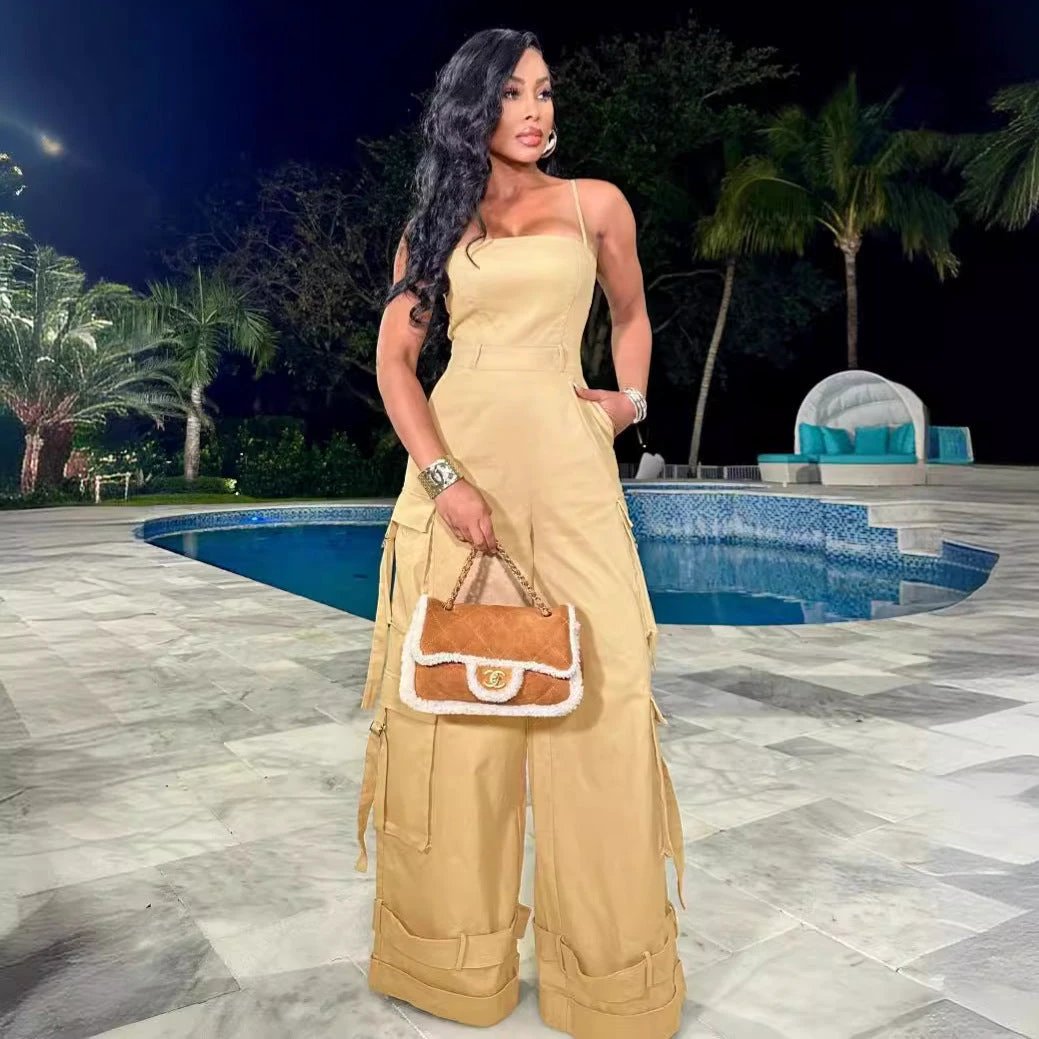 Tube Top Multi-pocket Cargo Wide Leg Jumpsuit by GJG Denim