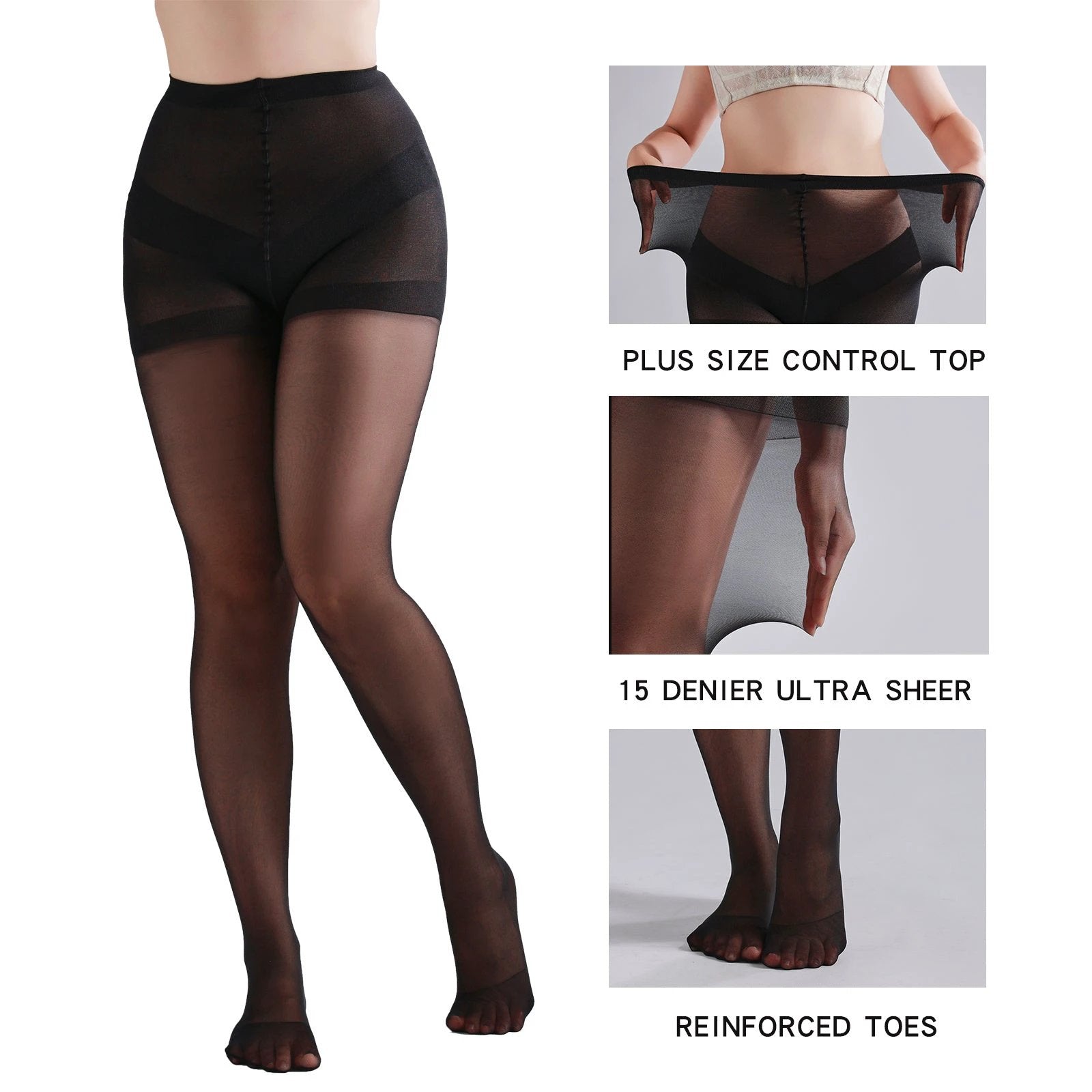 3 Pairs Plus Size Womens Sheer Tights 20D High Waist Control Top Pantyhose With Reinforced Toes by GJG Denim