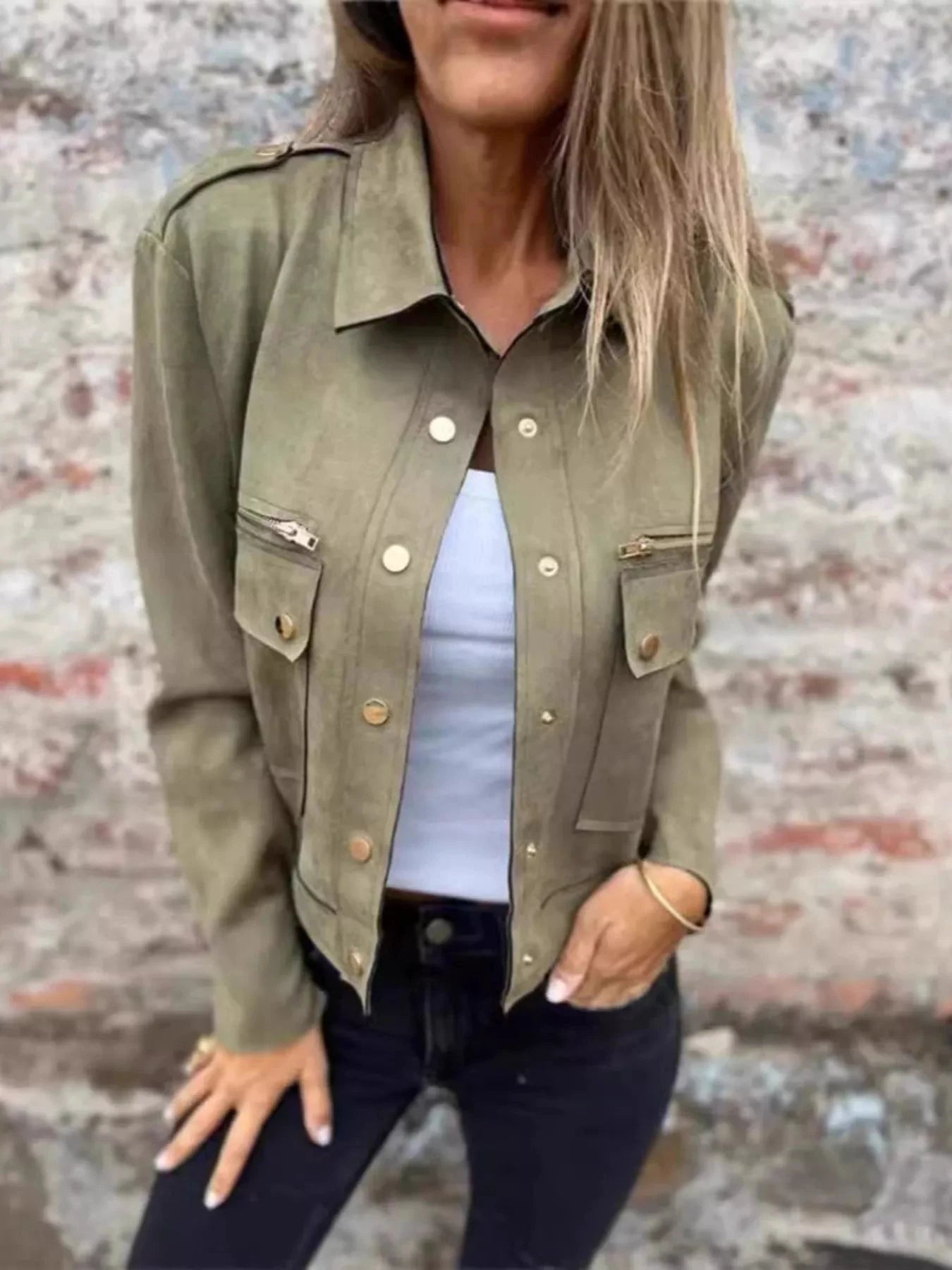 Full Size Snap Down Long Sleeve Jacket Plus Size by Lady Ros