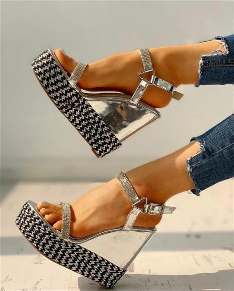 Rhinestone word buckle wedge heeled sandals by GJG Denim