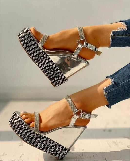 Rhinestone word buckle wedge heeled sandals by GJG Denim