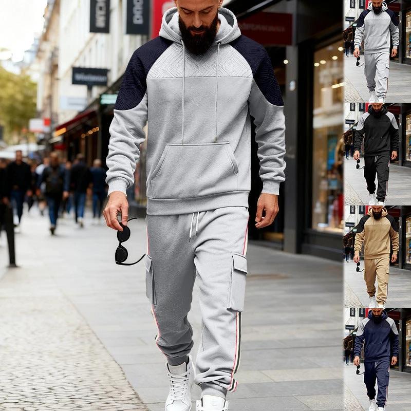 Loose Color-block Textured Hoodie And Sweatpants Casual Set by GJG Denim
