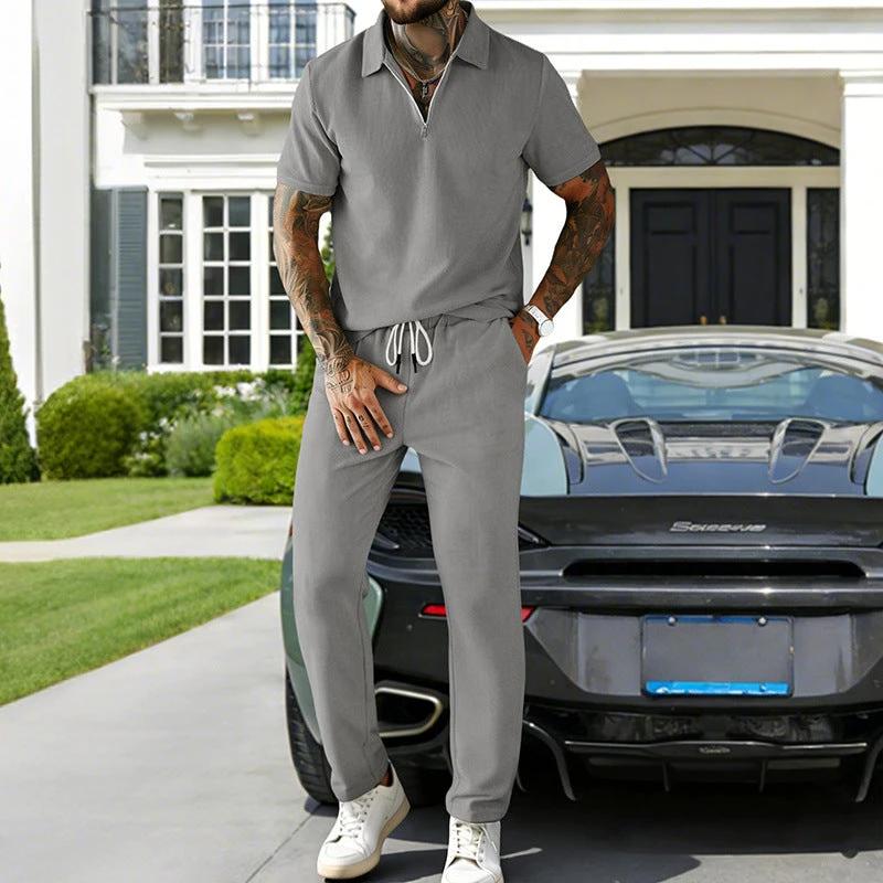 Men's Casual Corduroy Short-Sleeve Polo And Pants Set by GJG Denim
