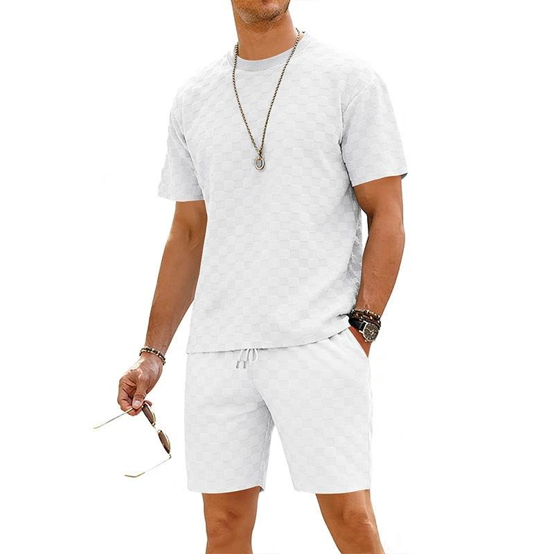 Checkered Mens Short-sleeve T-shirt And Casual Shorts Set by GJG Denim